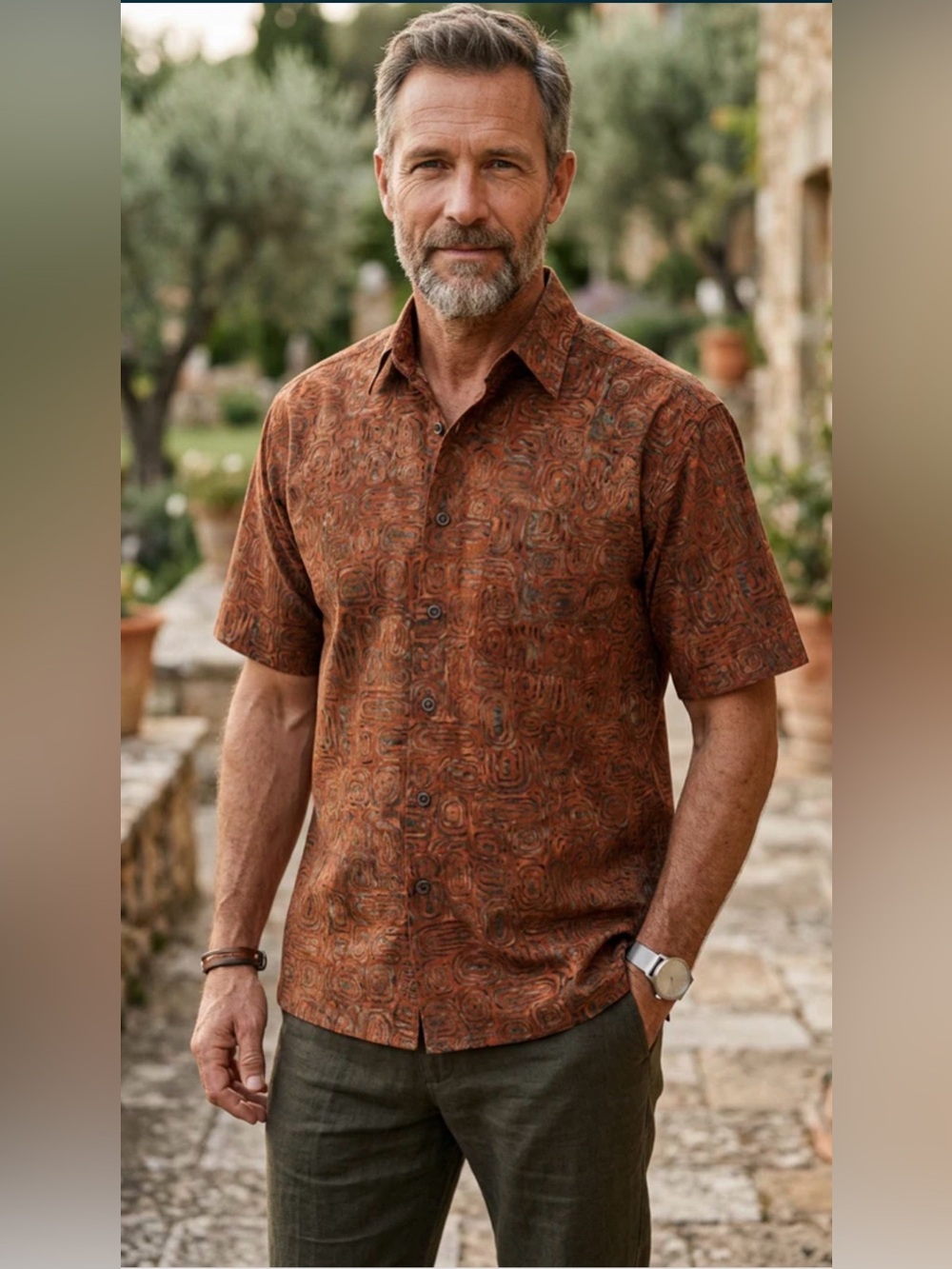 Johari West Men's Size 2XL Ripple Rosso Shirt in 100% cotton batik in terracotta